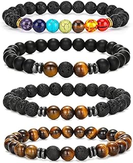 4 Pcs Tigers Eye Crystal Bracelet Chakra Bracelet Beads Bracelet Agate Obsidian Bracelet Gemstones Bracelet Natural Stone Bracelet for Women Men Healing Positivity Anxiety Relief