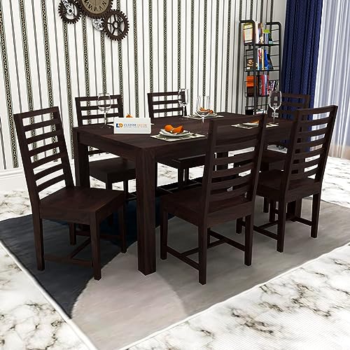 Image of RECTART Sheesham Solid Wood Six Seater Dining Table with Six 7 Line Top Chairs for Dining Room & Restaurant | Finish - Warm Chestnut