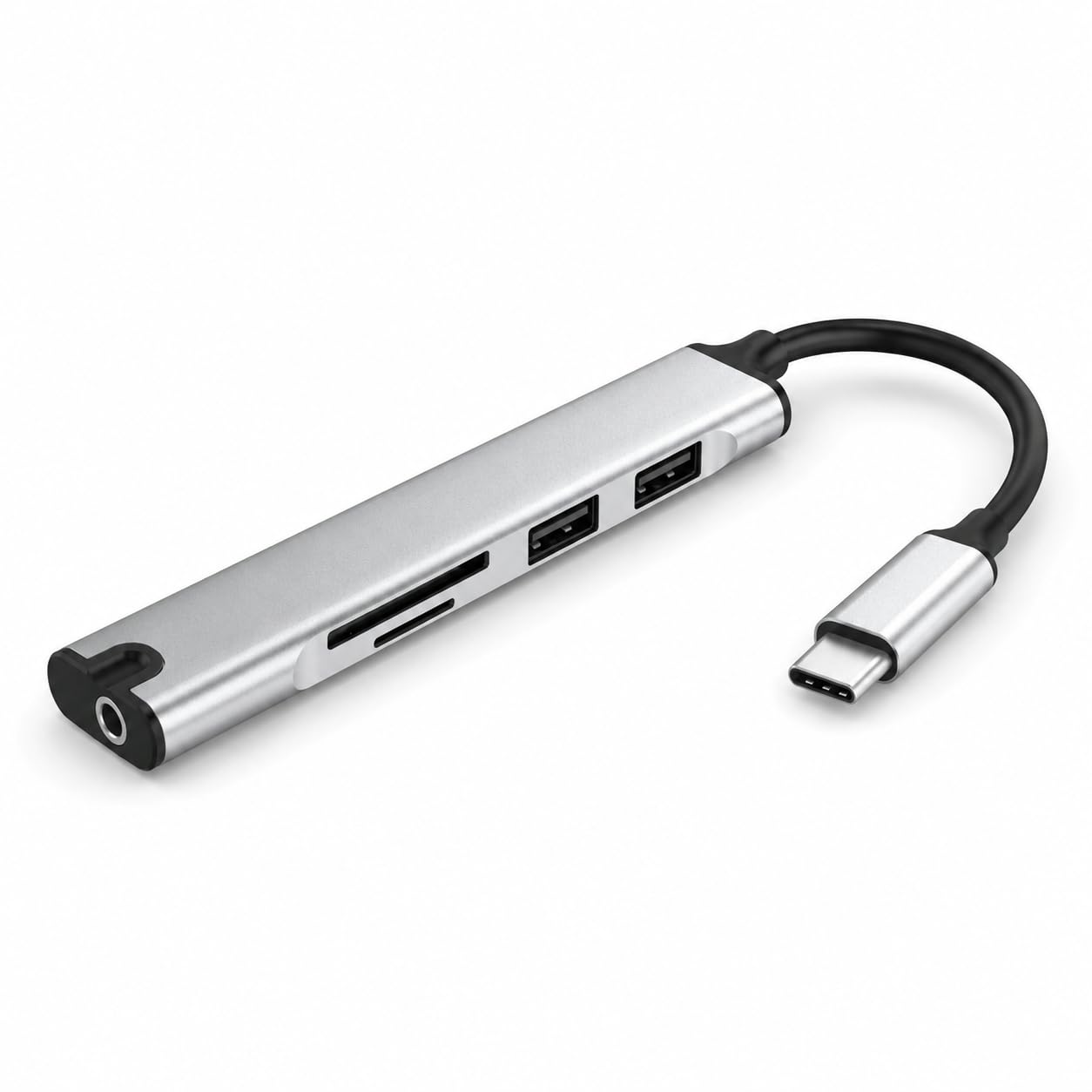 Hub USB-C 5 em 1 OTG com 2 Portas USB 2.0, Leitor SD e MicroSD/TF, Entrada P2 3,5 mm,