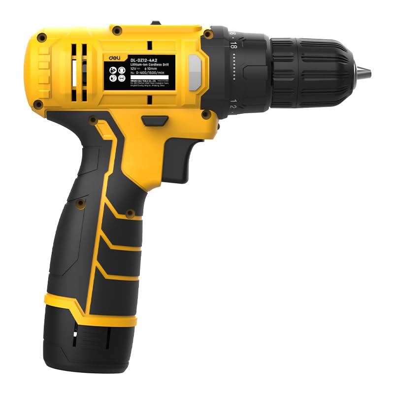 Image of Deli DL-DZ12-4A2 12V Lithium-Ion Electric Drill with 2.0Ah*1 Battery 0-400 /0-1500 /min No Load Speed 10mm Chuck 30N.m Torque Capacity Cordless Screwdriver Machine for Iron Wood Plate Drilling (1Pc)