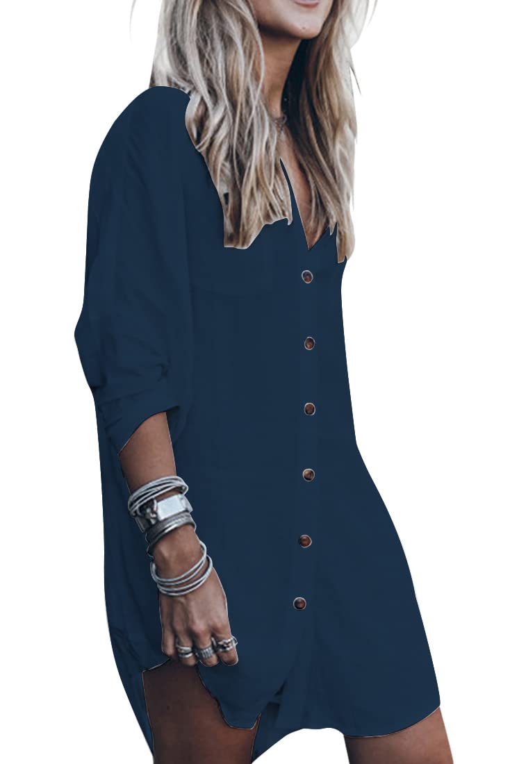 UMIPUBO Blusas y Camisa Mujer Manga Larga Cuello en V Túnica Casual Tops Sueltos Primavera Otoño Invierno Blusa Superior Irregular de Gran tamaño con Bolsillo con botón