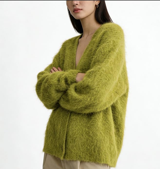Image of Womens Fuzzy Sweaters Cardigan V-Neck Button Down Oversized Mohair Sweater Casual Y2k 2026 Fall Winter