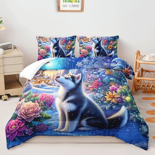 Image of AILONEN Cute Husky Dog Queen Size Comforter Set - Kawaii Puppy Animal Bedding Bet for Kids Boys Girls - Floral Snow Duvet with 2 Pillowcases - 3 Pieces
