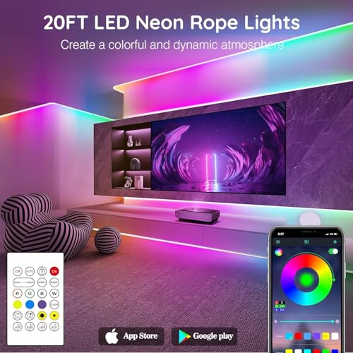Image of SINLEY Led Neon Rope Lights 20FT,Control with App /Remote,Flexible Led Rope Lights,Multiple Modes,IP68 Outdoor RGB Neon Lights Waterproof,Music Sync Gaming Led Strip Lights for Bedroom Indoor
