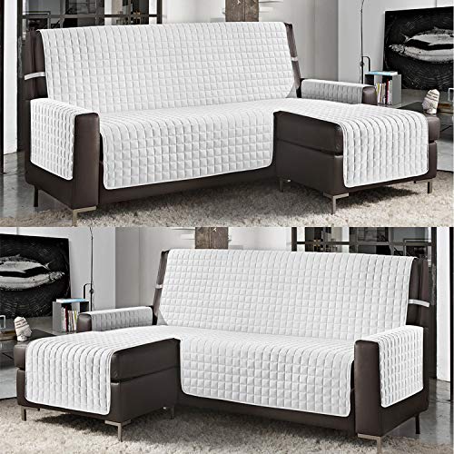 Banzaii Housse de Canapé d’Angle Réversible Matelassée avec Méridien Gauche/Droite - Protège Canapé Anti-Taches en Forme de L 3 Places 240 cm, Blanc