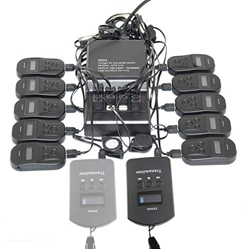 Sistema inalámbrico de transmisión de audio EXMAX EXD-101 para guías turísticos, interpretación simultánea y traducción: 1 transmisor, 10 receptores y base de carga de 16 puertos miniatura 1
