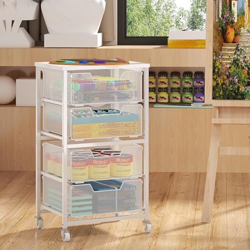 Image of 4-Drawer Rolling Storage Cart, Utility Cart with Drawers, White Metal Craft Cart Organizer with Wheels & Wooden Top, Art Supply Storage Organizer for Classroom, Office, Kitchen,Patent Pending