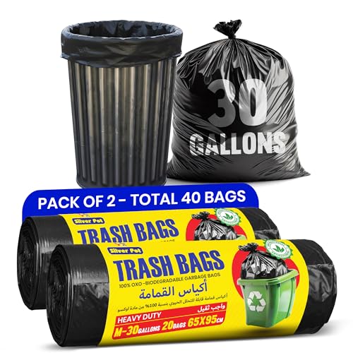 Silver Pot Black Garbage Bags Pack of 2 - Medium 20 bags 30 Gallons (65cm x 95cm) Extra Strong & Bio-Degradable Heavy Duty Disposable Waste Bags Total 40 bags (20 x 2 rolls)
