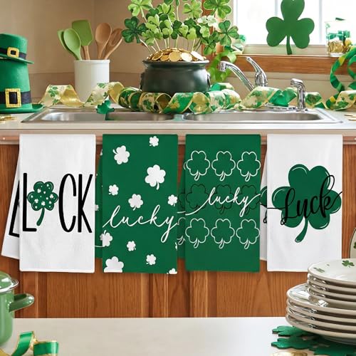 Image of FUTBU St Patricks Kitchen Towels, Green Clover Shamrock Lucky St. Patrick's Day Dish Towels Set of 4 Kitchen Decor, 16x24 Inch Holiday Seasonal Decorations