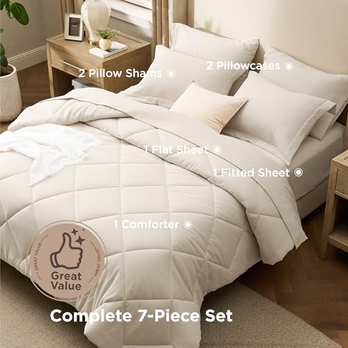 Image of Bedsure 7 Pieces King Comforter Set Premium Series, Hotel Luxury Soft Bed in a Bag, Goose Down Alternative, Safe for Sensitive Skin Bedding Comforter All Season Medium Warmth, Beige King Size