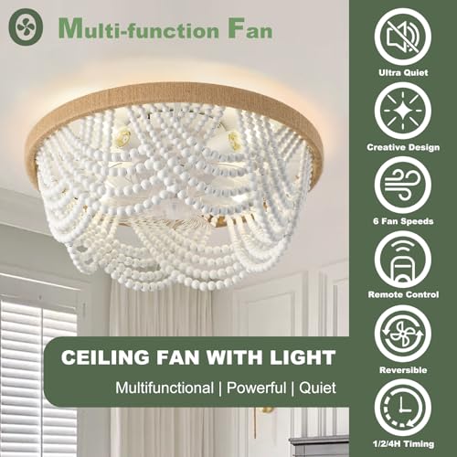 Image of Ceiling Fans with Lights and Remote - Bulbs Included, Caged Fandelier with Handcrafted Beaded Decor 19 inches Reversible Flush Mount Installation Ceiling Fan, White