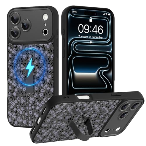 Tjkings Magnetic Case for iPhone 17 Pro Max,Compatible with MagSafe,Finger Strap Kickstand for Women Girl Men,Cute Aesthetic Flowers Pattern,Soft Slim Full Camera Protection,Black