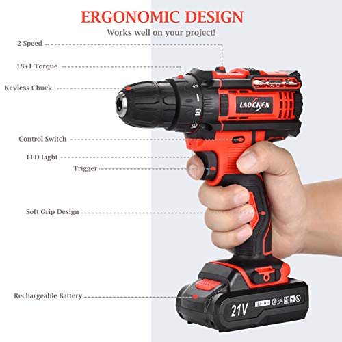 runhua Akkuschrauber 21V, Akku-Bohrschrauber mit 2 1500mAh Akkus, 2 Variable Drehzahlen Schlagbohrmaschinen, 28… – Bild 3