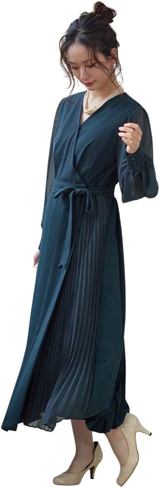 Amazon Nissen ニッセン パーティードレス 結婚式 パーティードレス ウエストリボン付きアシメプリーツデザイン前開きワンピースドレス 大きいサイズ有 イブニングドレス 通販