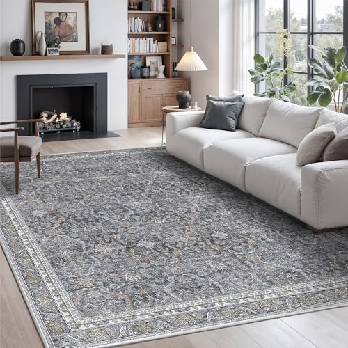Rugland 5x7 Area Rugs - Stain Resistant Washable Rug, Anti Slip Rugs for Living Room, Vintage Tribal Area Rugs(Vintage01-Dark Grey, 5'x7')