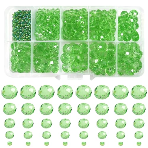 TOAOB 1000pcs Green Crystal Glass Beads 2mm 4mm 6mm 8mm10mm Faceted Spacer Beads for Jewelry Making DIY Craft Project Decorations Bracelet Making Kit
