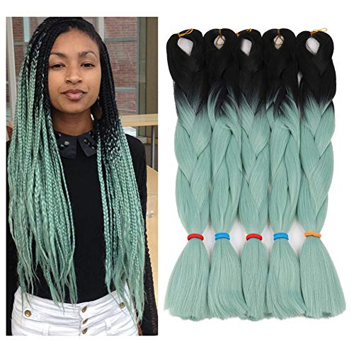 Ombre Braiding Hair 5 Pack Ombre Jumbo Braiding Hair Extensions 24 Inch Jumbo Braid Synthetic Hair for Classic Coda Braiding Black&Mint Green