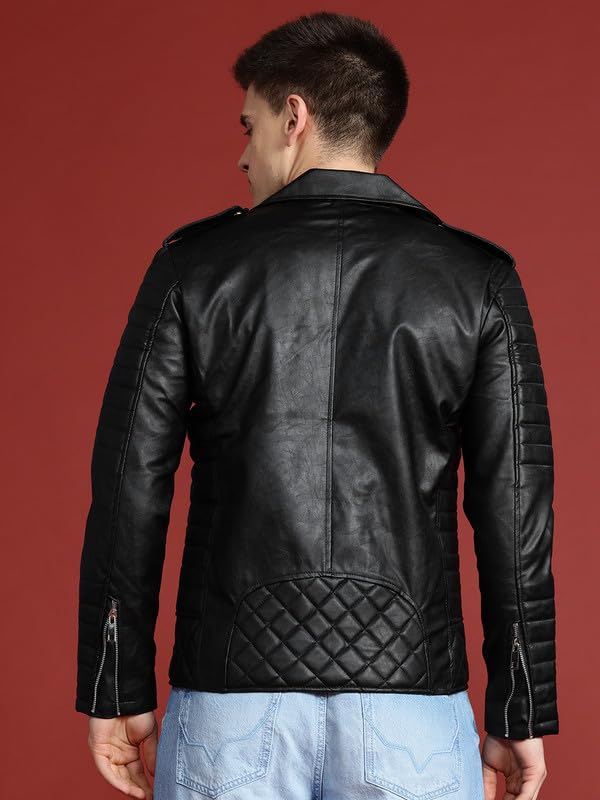 Image of Leather Retail Men's Sleek Black Faux Leather Roadies Biker Jacket
