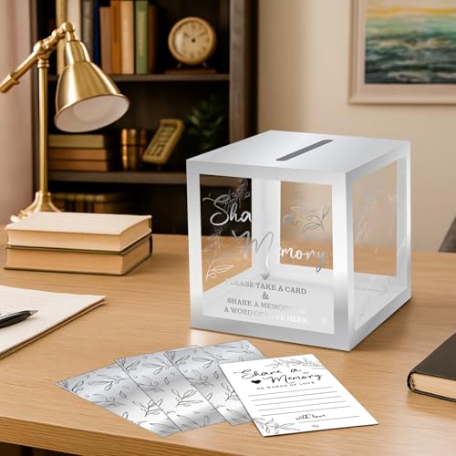 Image of Pajean 50 Pcs Greenery Share a Memory Card for Celebration of Life Cards Box with Clear Windows Memory Box for Funeral Wedding Birthday Graduation Bridal Shower Guest Card Ideas(Clear,Sliver)