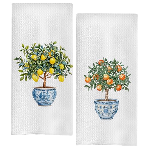 Image of Chinoiserie Lemon Kitchen Towels, Watercolor Lemon Tree Decorative Hand Towels for Bathroom, Vintage Grandmillennial Lemons Dish Tea Towels for Kitchen, 16x24 Inch Set of 2