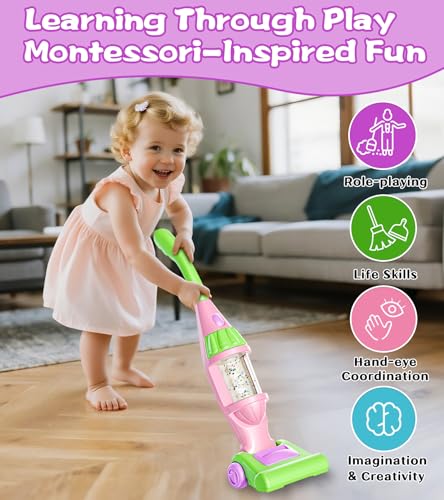 Toddler Vacuum Toy That Works with Lights & Sounds, Pretend Play Toy Vacuum for Toddlers 3-5 Years Old, Baby Vacuum for Boys, Girls, Kids Vacuum Cleaner Cleaning Toys with Spray Bottle, 2 Towels - image 3
