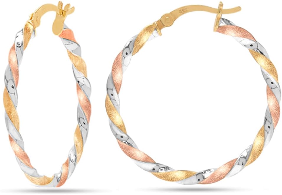 LeCalla Real 925 Sterling Silver Hoop Earrings | 14K Gold-Plated Three-Tone Twisted Earring Jewelry | Light-Weight Italian Design Click-Top Hoop Earrings for Women