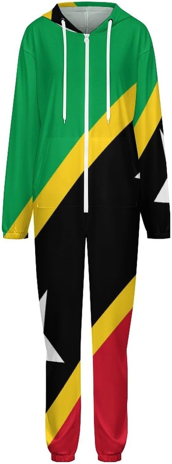 Saint Kitts And Nevis Flag Adult Pajamas Onesie with Hood Pocket Jumpsuits One Piece Sleepwear