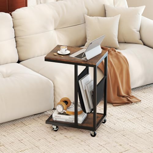 GIANTEX Tavolino Laterale a Forma di C con Rotelle, Tavolino da Divano a 3 Livelli con Tasca Portaoggetti, Tavolino in Metallo Industriale, Tavolino Compatto per Soggiorno e Camera da Letto