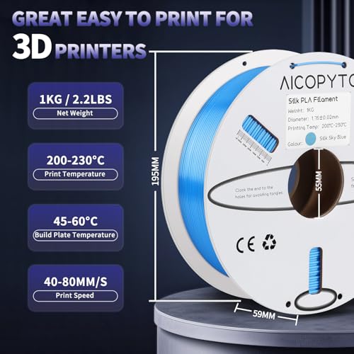 Image of 3D Printer Silk PLA Filament 1.75mm, Shiny Color Sky Blue, Dimensional Accuracy + /- 0.02 mm, 1KG (2.1lbs) /Spool Easy to Print for Most FDM 3D Printers