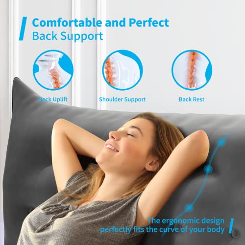 Mjkone Reading Pillow Bed Wedge With Side Pockets, Velvet Bolster Pillow Headboard, Bed Back Pillow With Removable Cover, Headboard Backrest Support Cushion Use For Bed, Sofa (Grey Queen) #TOP2
