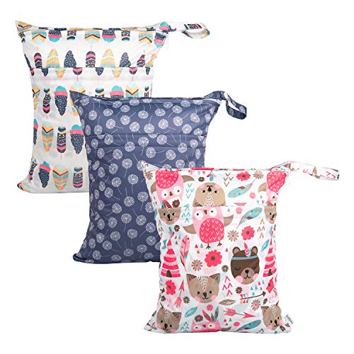 Image of Babygoal Wet Dry Bags for Baby Cloth Diapers, Washable Travel Bags, Beach, Pool, Gym Bag for Swimsuits & Wet Clothes with Two Zippered Pockets 3 Pack, 3LN11