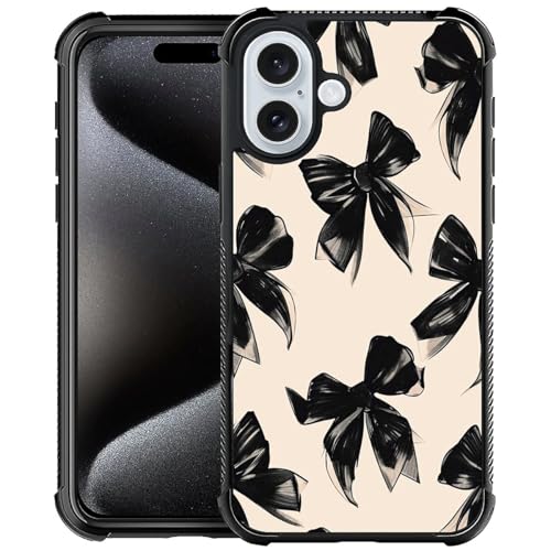 Goodsprout Phone Case Compatible with iPhone 16,Black Bow Art Girl Cases, Tempered Glass Back+Soft Silicone TPU Shock Protective Case for iPhone 16.