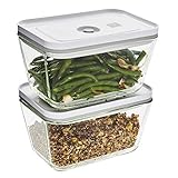 Set includes 2 large, durable glass vacuum containers Containers temperature resistant from 0°F to 356°F Freezer safe, ovenproof (without lid), microwave safe (without vacuum seal), and dishwasher safe All container sizes are nestable for easy storag...