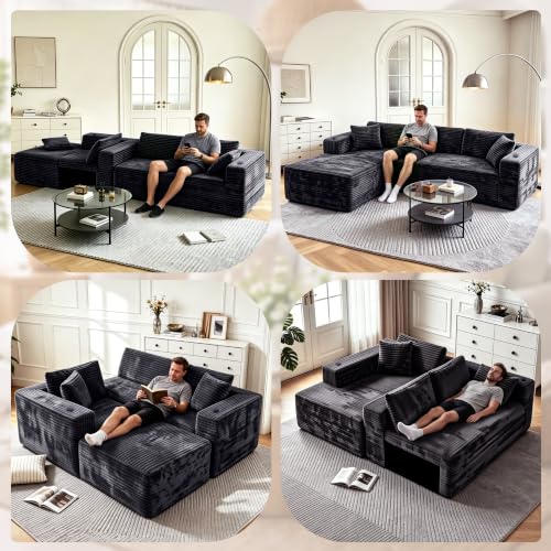 Image of 103 inch Modular Boneless Couches,Sectional Sofa for Living Room with 2 Cup Holders,Memory Foam Cloud Couch with L Shaped Oversized Chaise,No Assembly Needed Plush Corduroy Sofa,Dark Gray