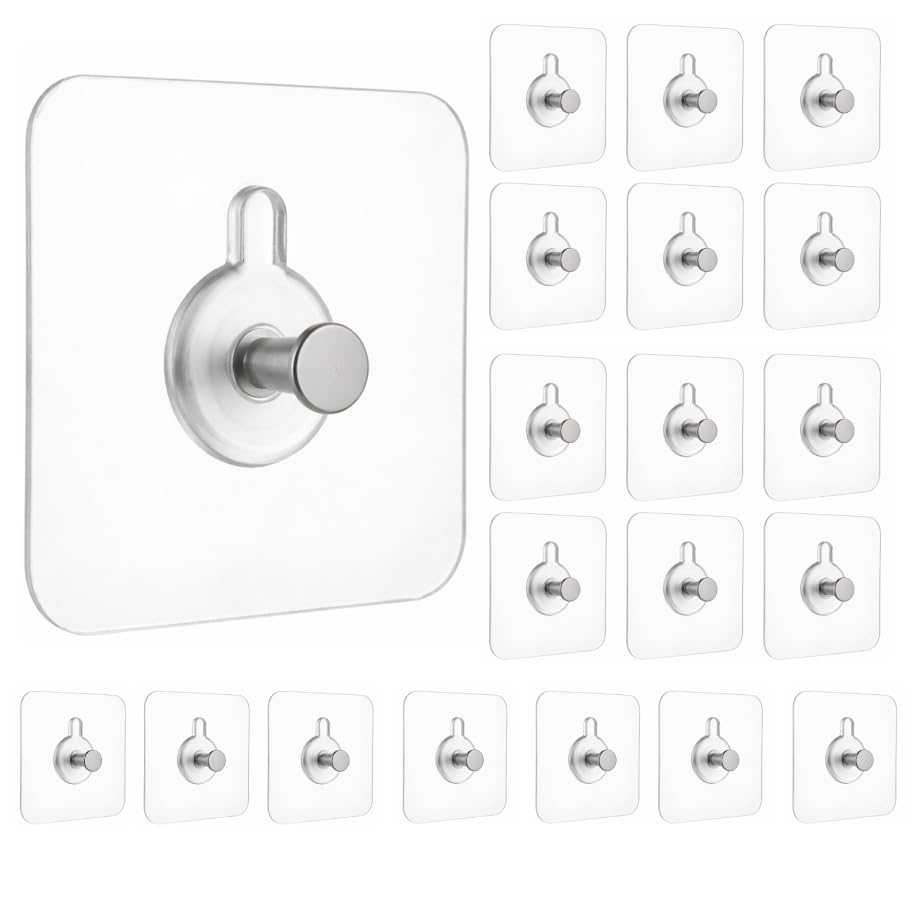 Image of Photo Frame Hooks for Wall Without Drilling, 20 Pack Self Adhesive Hooks for Wall Heavy Duty Strong Nail Free for Hanging Photo Frame (Hanging Hook, Transparent) Stainless Steel 20 Pack
