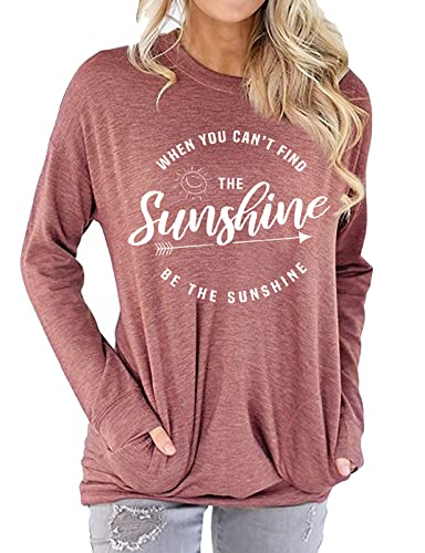 Muicy Womens Sunshine Shirt Casual Long Sleeve Shirt Tops Loose Fit Tunic Tops Sweatshirt with Pockets (L, Red)