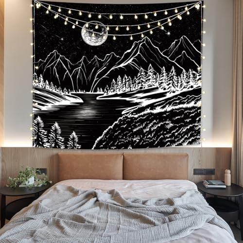 Avinyl Black And White Mountain Tapestry For Bedroom, Starry Night Forest Nature Tapestries Wall Hanging thumb #6