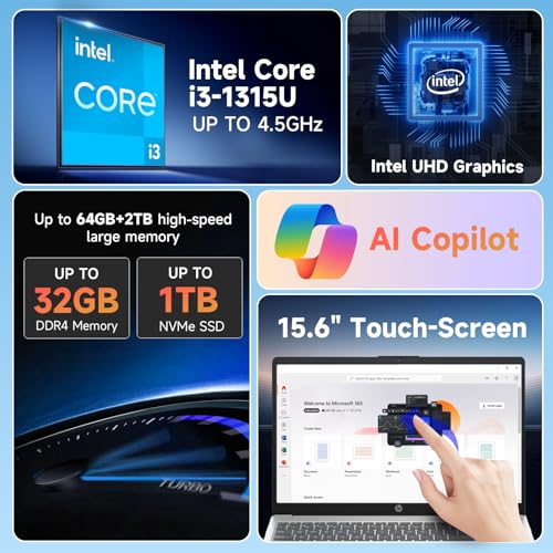 Image of HP 15.6 inch Touchscreen Laptop for Business & Student, Intel 13th core i3 1315U(Up to 4.5GHz), 250 Nits Display, Windows 11 Pro & Copilot AI, Wi-Fi 6 & BT 5.3, Fast Charge (32GB RAM | 1TB SSD)