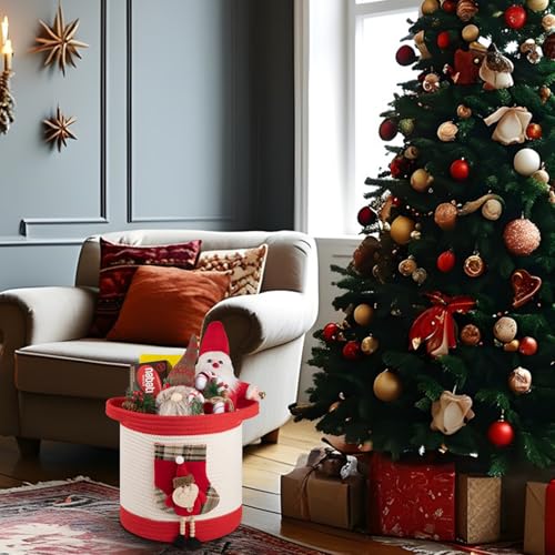 Image of OIAHOMY Ornament Storage Basket with Santa Stocking, Christmas Ornament Storage with Handles, Empty Gift Basket for Towels, Clothes, Books Use in Living Room, Kids, Pet Toy Basket - Red