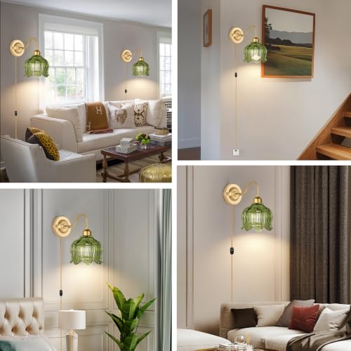 Image of Vintage Plug in Wall Sconces Set of Two,Dimmable Wall Sconces Lights with Plug in Cord & Glass Lampshade,Gold Flower Hanging Wall Sconces Wall Decor Set of 2 Plug in Wall Lamp Sconces for Bedroom