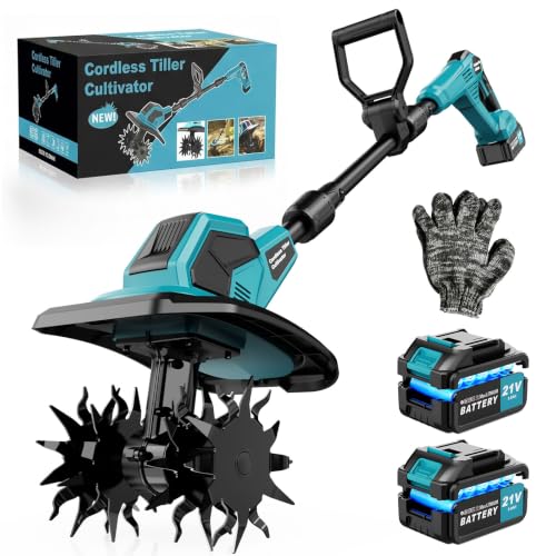 Cordless Tiller Cultivator, 360RPM Electric Garden Tiller, 2 * 3.0Ah 21V Batteries & Charger, Brushless Motor Battery Powered Garden Rototiller for Lawn/Gardening/Soil Cultivation