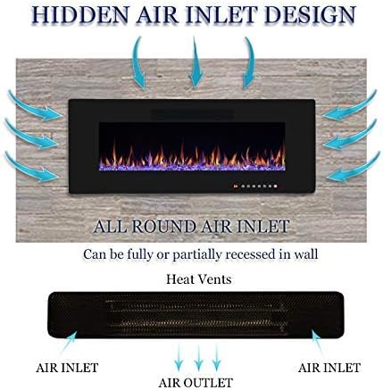 R.W.FLAME 50" Electric Fireplace, Recessed Wall Mounted and in-Wall Fireplace Heater, Fit for 2 x 6 Stud,Remote Control with Timer, Touch Screen, Adjustable Flame Colors and Speed, 750/1500W