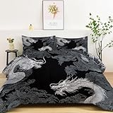 Couette 200x200 Fantasy esquisse dragon chinois blanc, Couette Réversible...
