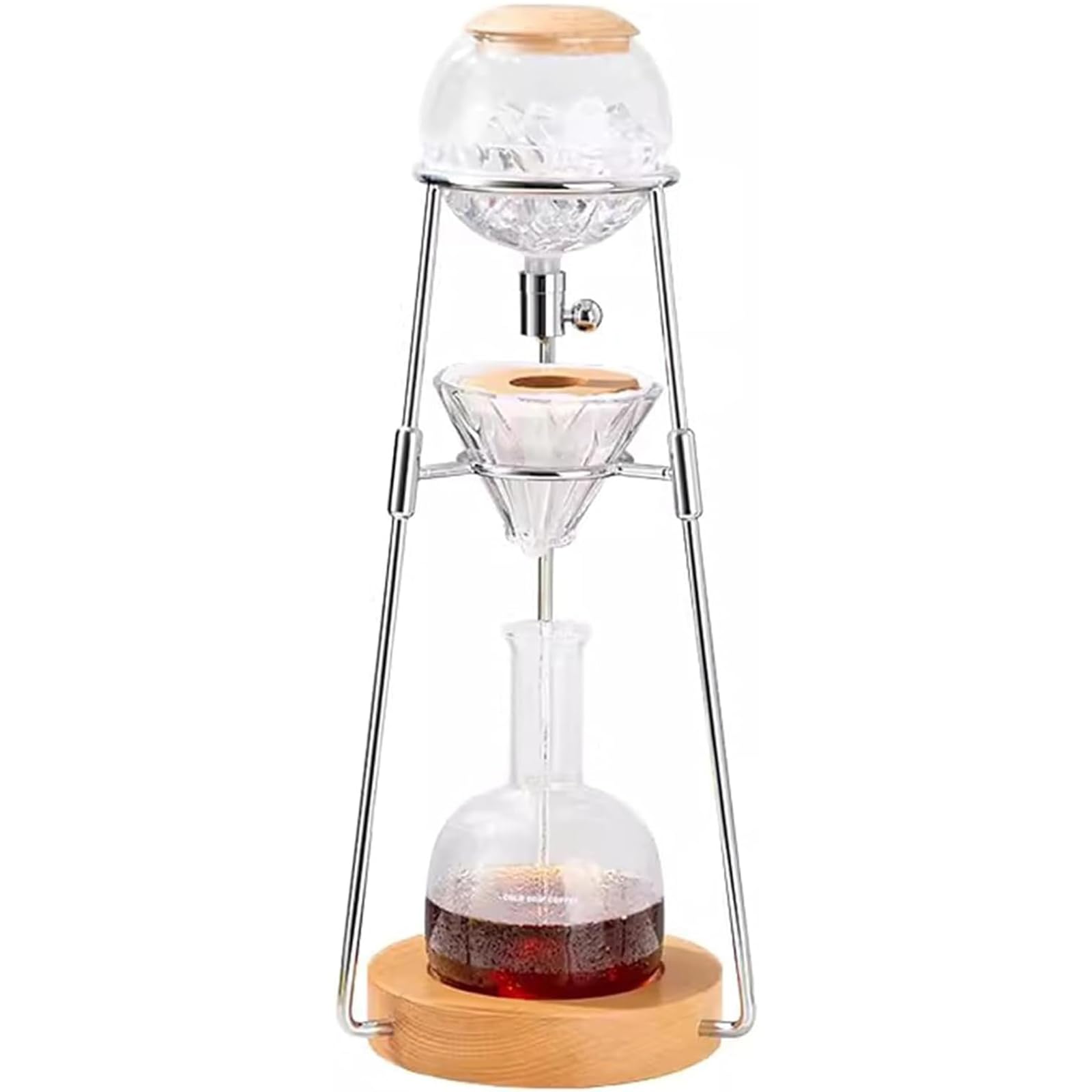 Wieża ociekowa do zimnego zaparzania, 500 ml, dzbanek do kawy, wieża domowa, ekspres do kawy, z podstawą z litego drewna 32 mm, wysokie ciepło borokrzemowe, regulowany przepływ wody, do domowego