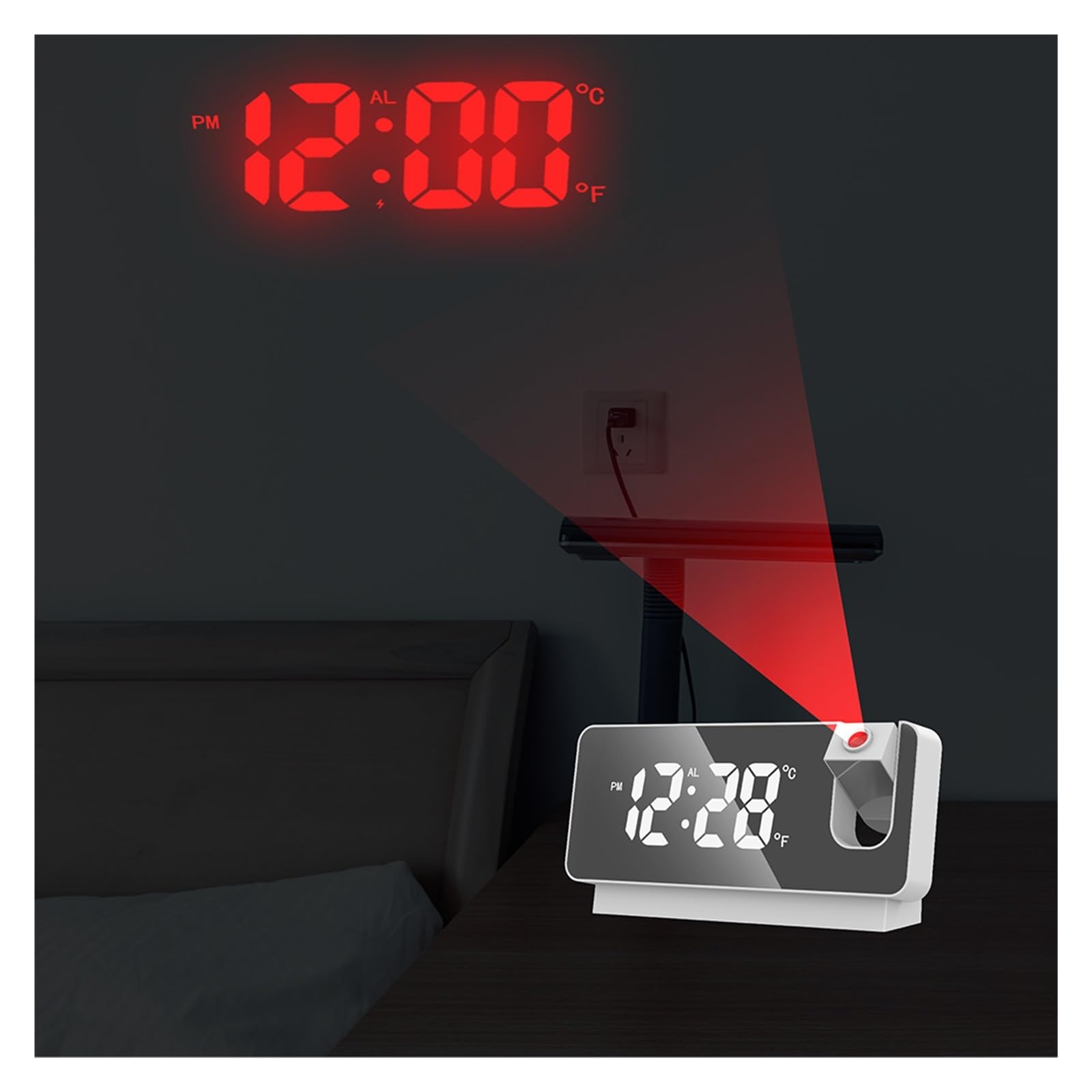 Sveglia A Proiezione Radio FM: LED, 4 Livelli Di Luce, Spegnimento Automatico E Specchio Acrilico