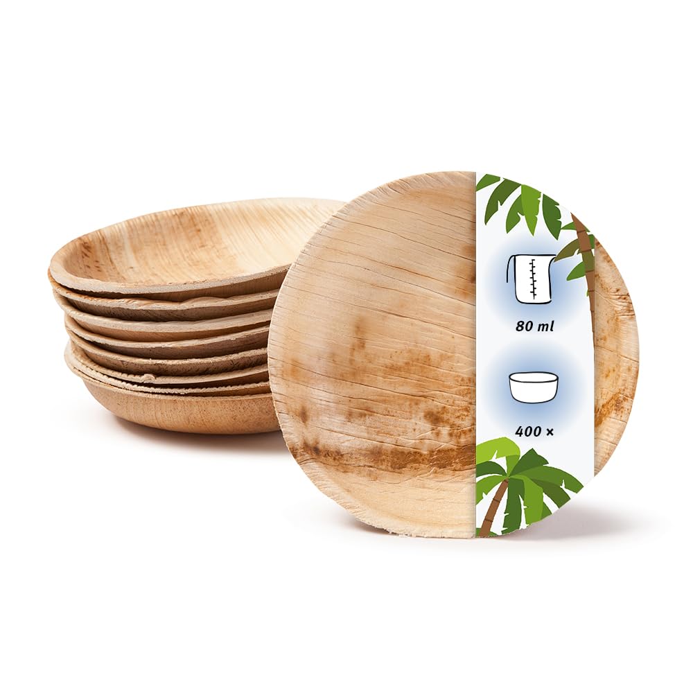 Palmware - Set Cuencos Snacks I 400 piezas orgánicas desechables de 80ml, Ø10cm I Party vajilla compostable y biodegradable I hojas Palma vajilla desechable para Fingerfood Dips buffet
