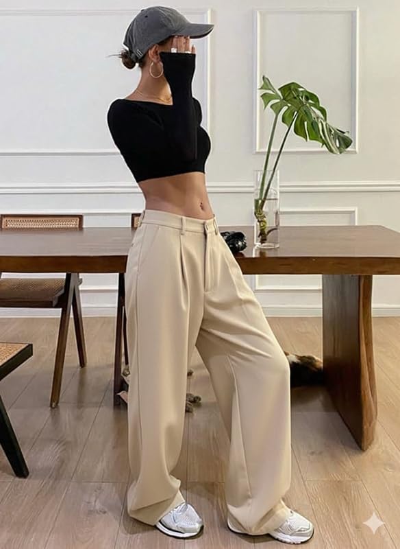 Image of OOMPH! Women's High-Waisted Pant | Wide Leg Trousers | Korean Style Stretchable Trouser