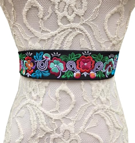 FANFAN Mexican Embroidered Belt for Women Traditional Adjustable Belt Boho Tassel Belt for Wedding Party Dress E4