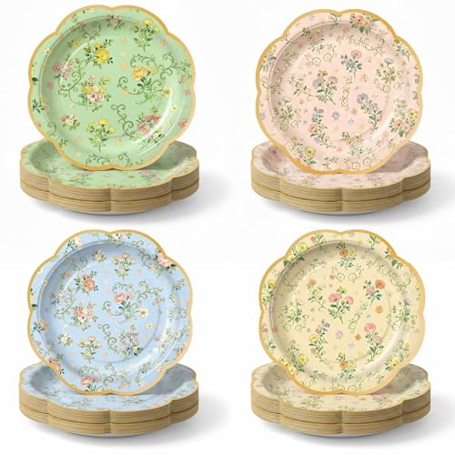 OuMuaMua 48 Pcs Floral Vintage Paper Plates 9 Inch Mothers Day Disposable Dinner Plates for Mothers Day Birthday Wedding Tea Garden Party Spring Flower Theme Serves 48 Guests