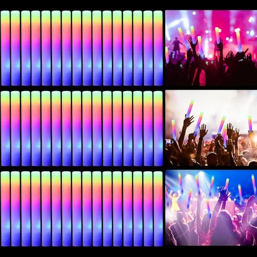 50PCS LED Foam Glow Sticks Bulk Glow Sticks Glow in the Dark Party Supplies with 3 Modes Colorful Flashing Neon Party Favors Supplies for Glow Party Birthday Wedding Carnival Concert (50PCS)